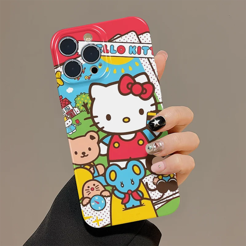 만화 헬로키티 아이폰 휴대폰 케이스, 렌즈 보호, 광택 HD 하드 PC 커버, 아이폰 16, 15, 14, 13, 12, 11 프로 맥스, XS, XR, XS맥스, 7, 8 플러스