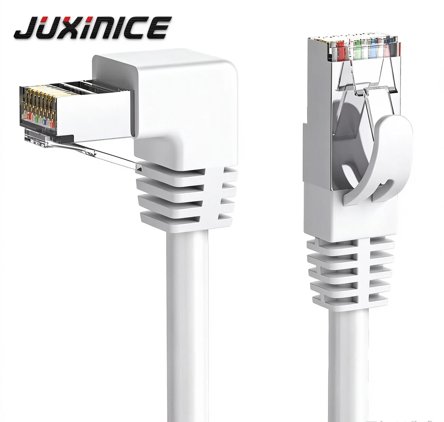 JUXINICE Cat6 RJ45 Right Angle Ethernet Cable | 90° Patch Cord for Laptop, Router, TV Box