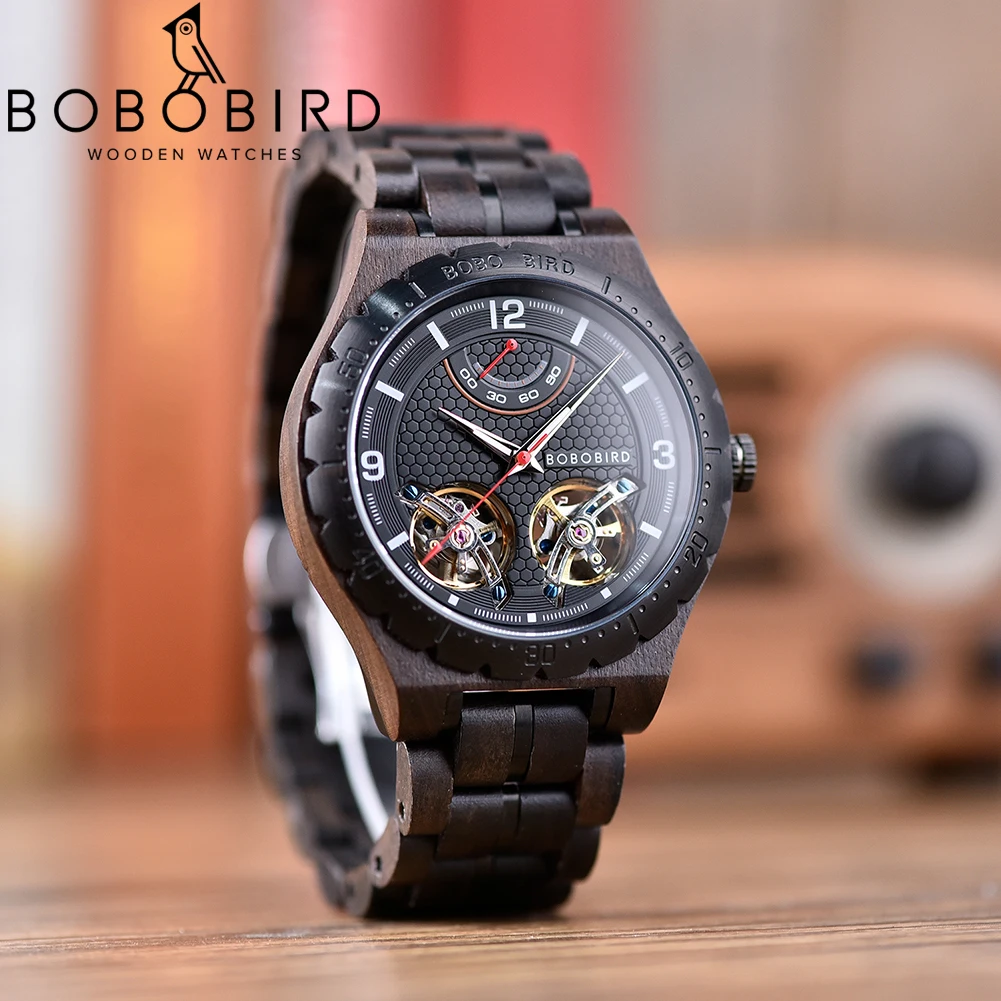Relógio mecânico masculino de madeira turbilhão duplo bobby, nome personalizado, capa traseira, texto, relógio de pulso automático para homens, dropshipping