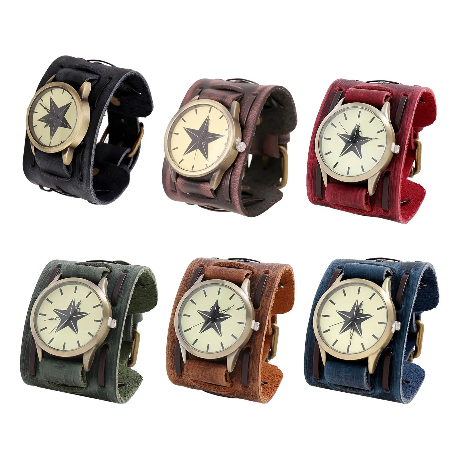Retro Men Watch Punk Style PU Leather Bangles Gift Bracelet Watch Wristband for Fathers Day Birthday Halloween Casual Business