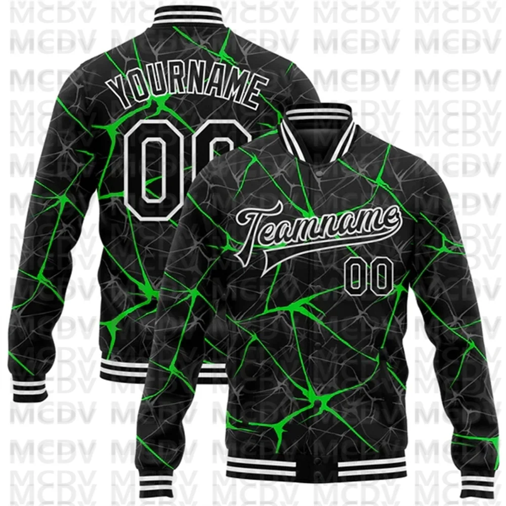 

Custom Black Neon Green 3D Pattern Design Bomber Full-Snap Varsity Letterman Jacket