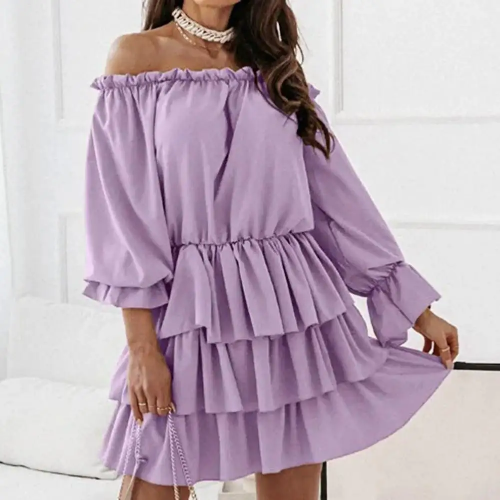 

Cotton Slash Neck Mini Dress Sexy Off Shoulder Long Sleeve Tunic Cake Dress Sweet Ruffle Hem Above Knee All Match Short Dress