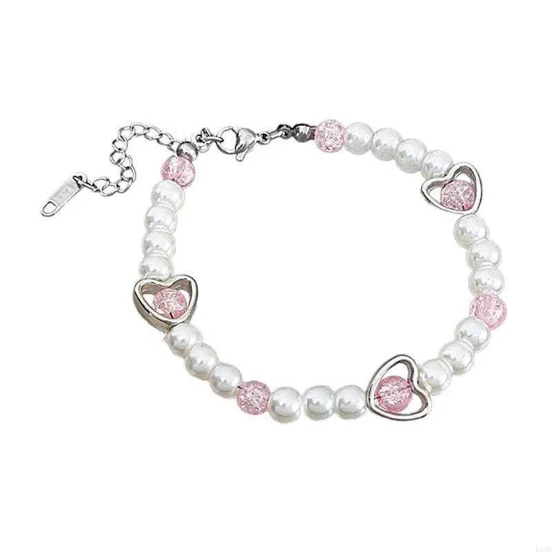  Delicate Heart Bracelet for Women Adjustable Beaded Bracelets Imitation Pearls Wrist Jewelry Adjustable Length