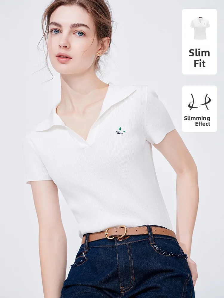 

Женская летняя футболка Navigare Slim Fit с коротким рукавом, вязаная, с отложным воротником, тонкая, повседневная, классический узор