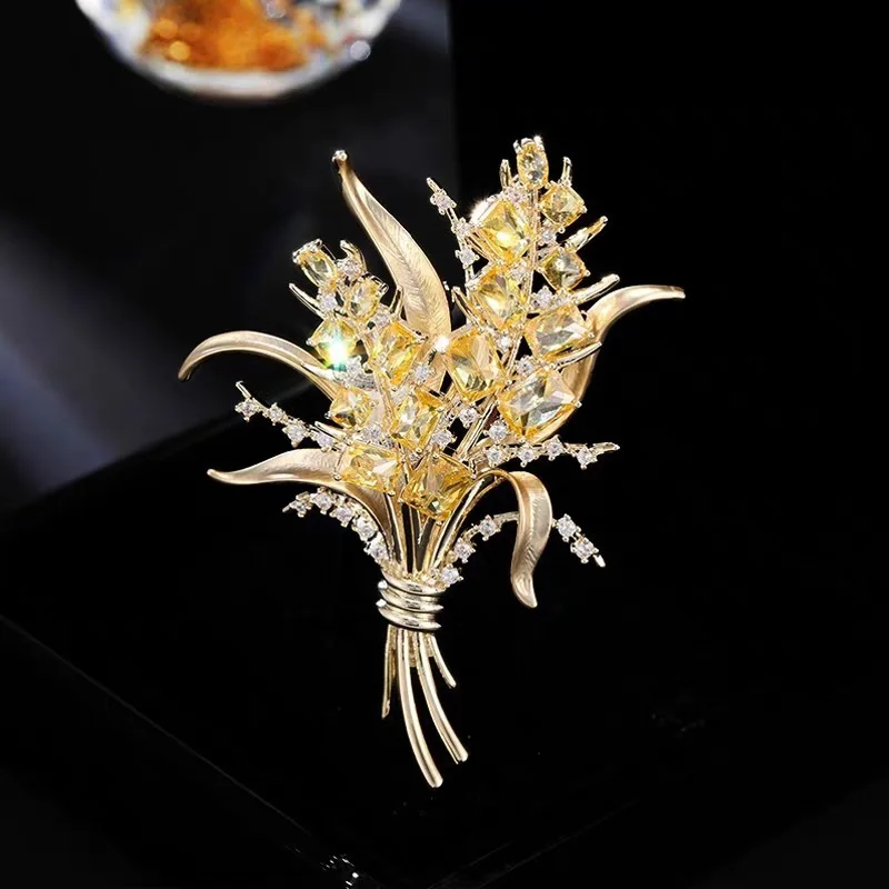 Delicate Imitation Color Treasure Micro-inlaid Zircon Bouquet Brooches Luxury Wheat Flower Broche for Women's Accessories