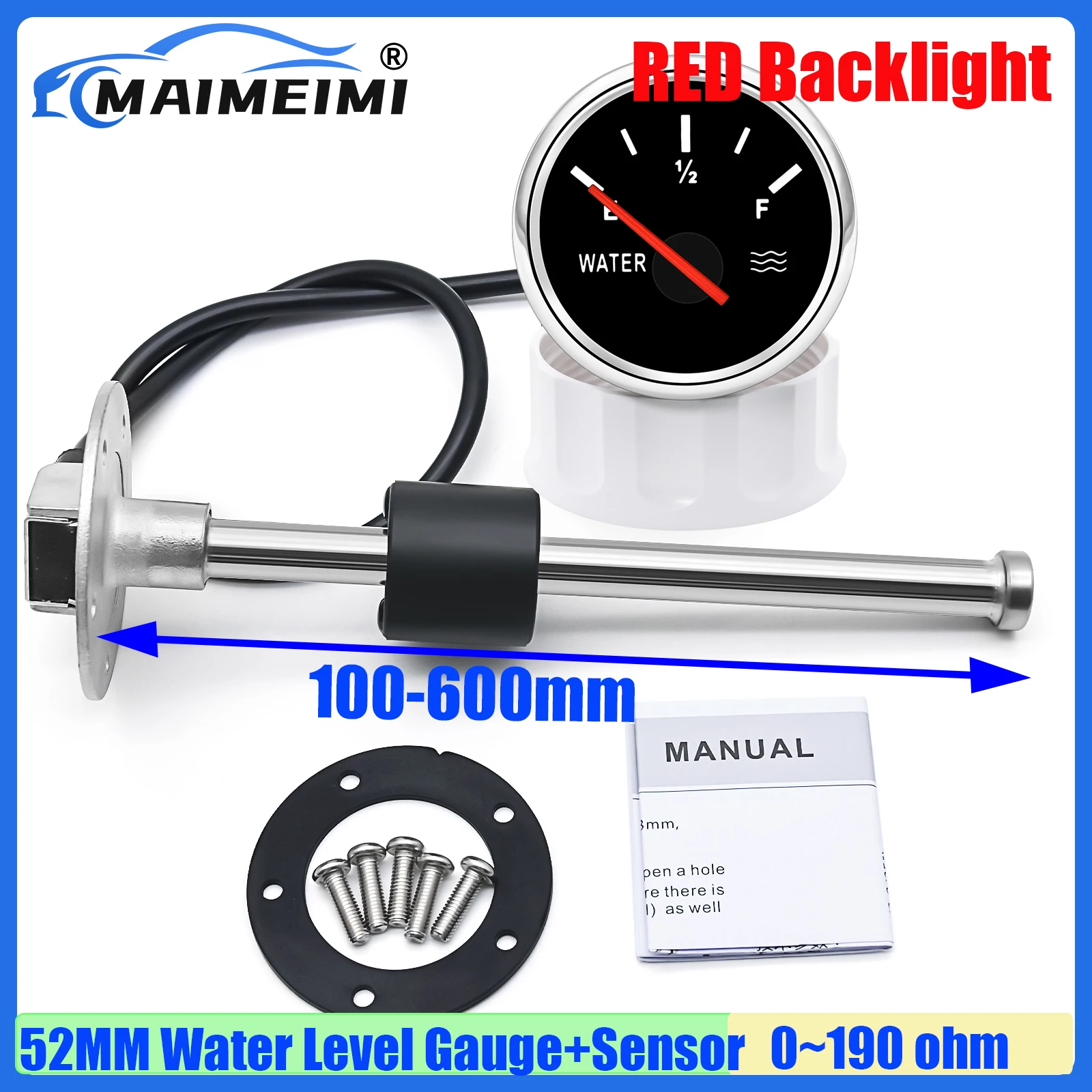 MAIMEIMI 100MM-600MM Water Level Sensor 0-190ohm Pointer Red LED 52MM Water Level Gauge Indicator for Auto Car Boat Yacht 9-32V
