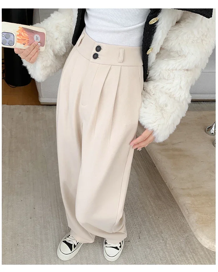 

Y2k Korean Winter Thick Straight Loose Wide Leg Pants Solid Color Casual Double Buttons Simple Fashion Women's Clothing Apricot