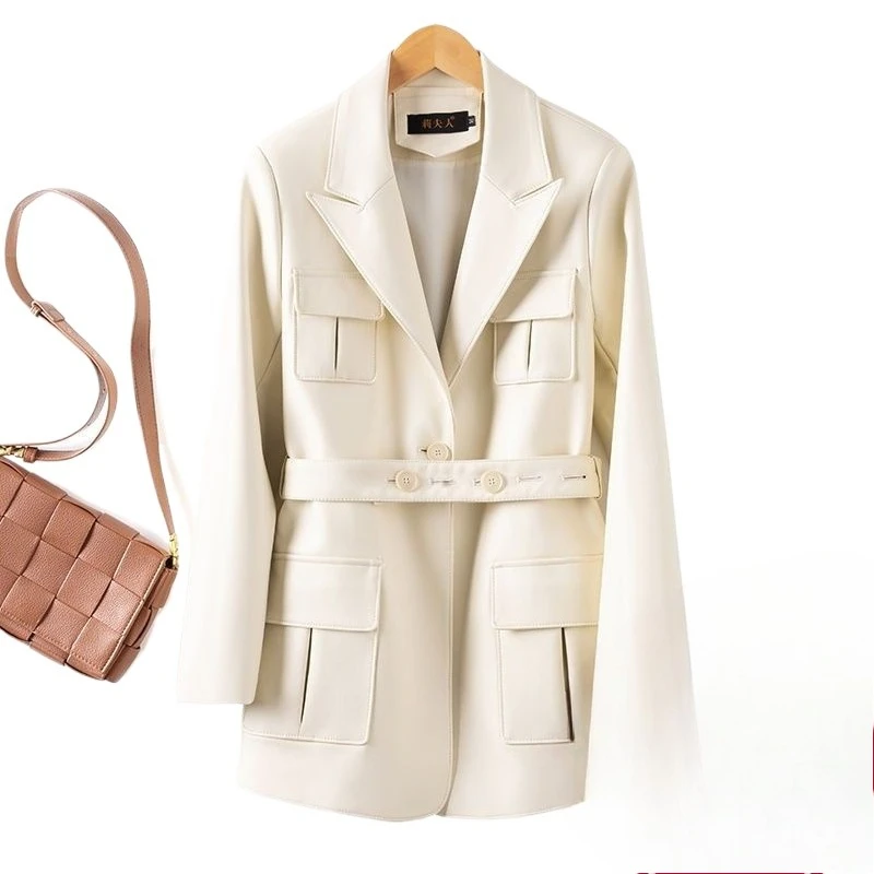 

Women's Models Autumn Spring Coat Tops Leather Jacket Suit Collar Trench Coat Lace Up Medium-length Leisure Simple Brand New