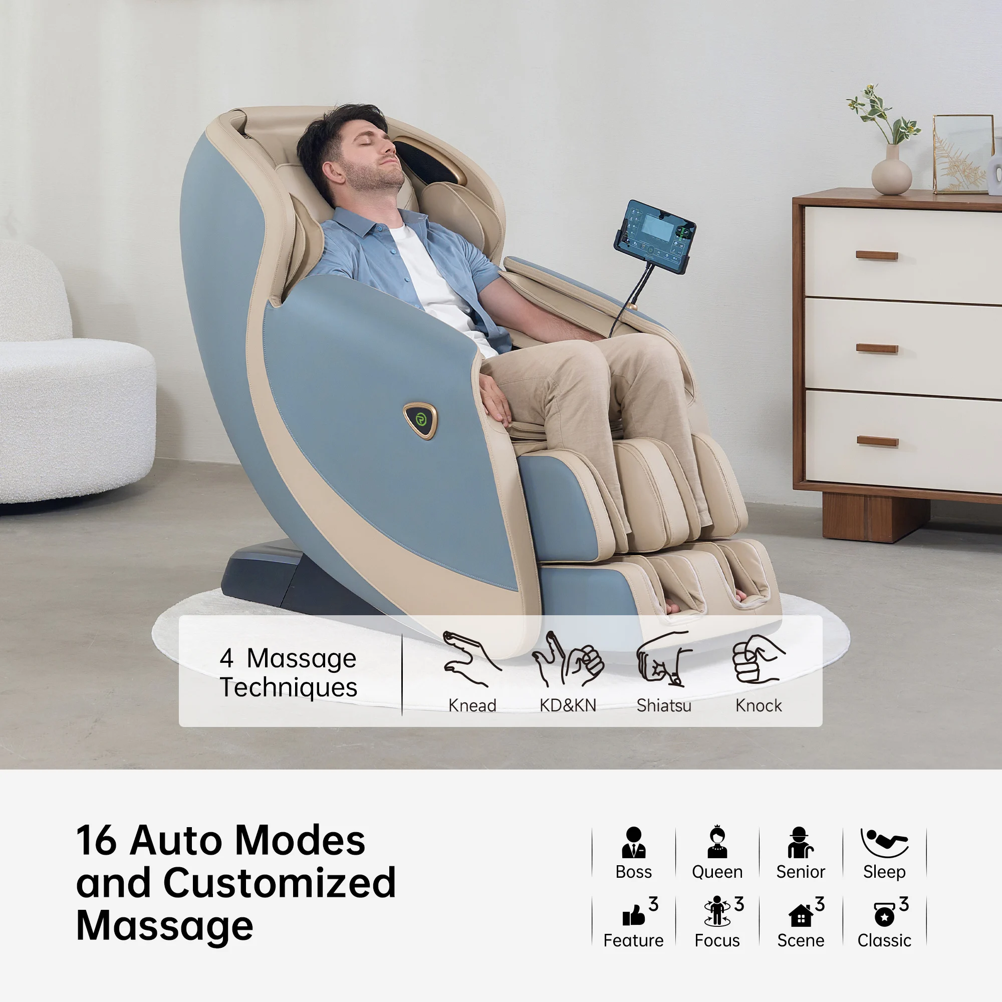 SL Track Zero Gravity 3D Massage Chair 6 Techniques Airbags Heating Bluetooth Child Lock 16 Auto Programs
