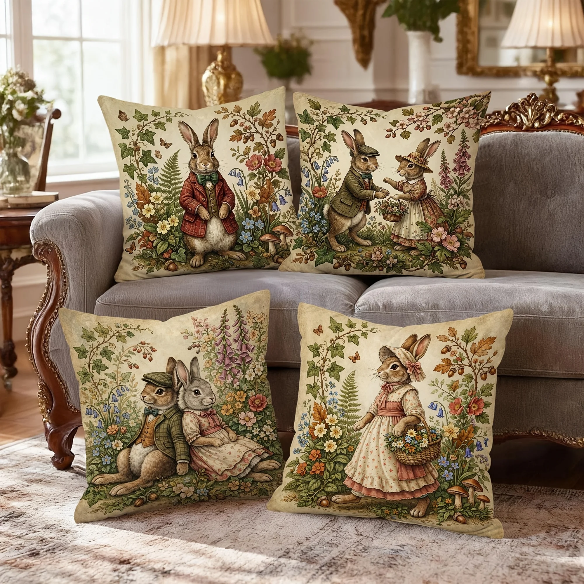 Vintage Easter Floral Double Sided Print Throw Pillow Case Cushion Cover 4 Piece Set for Sofa Living Room