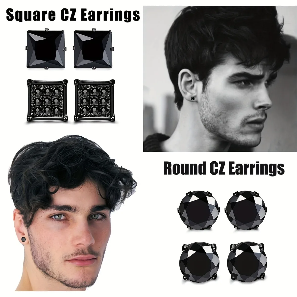 8 Pairs Stainless Steel Stud Earrings For Men, Square Cubic Zirconia Earrings
