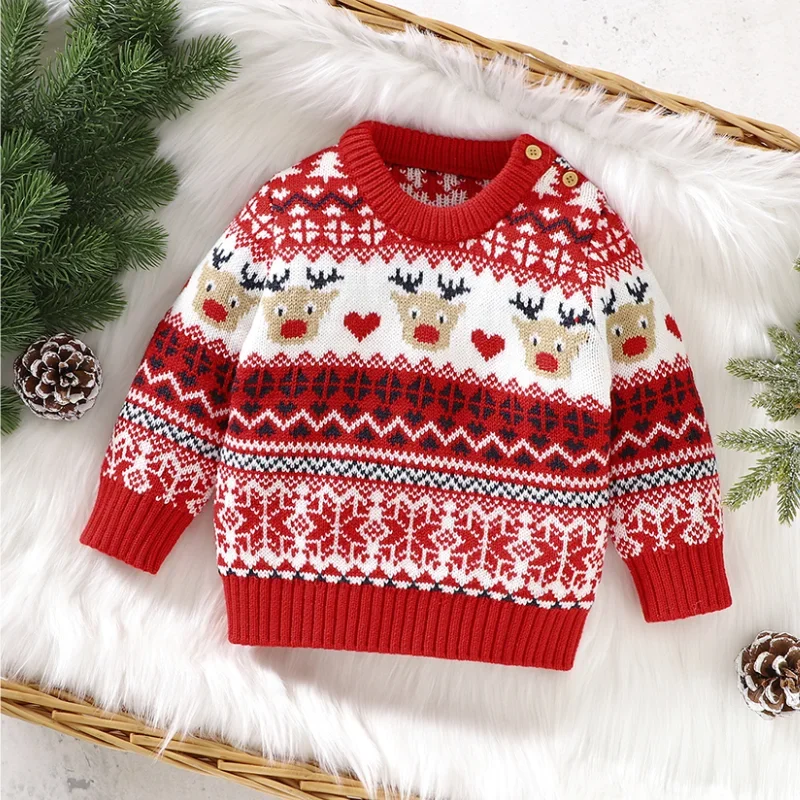 Newborn Boys Girls Pullovers Jumpers Long Sleeve Outerwear Toddler Infant Top Baby Sweaters Knitted Red Casual Christmas Pattern