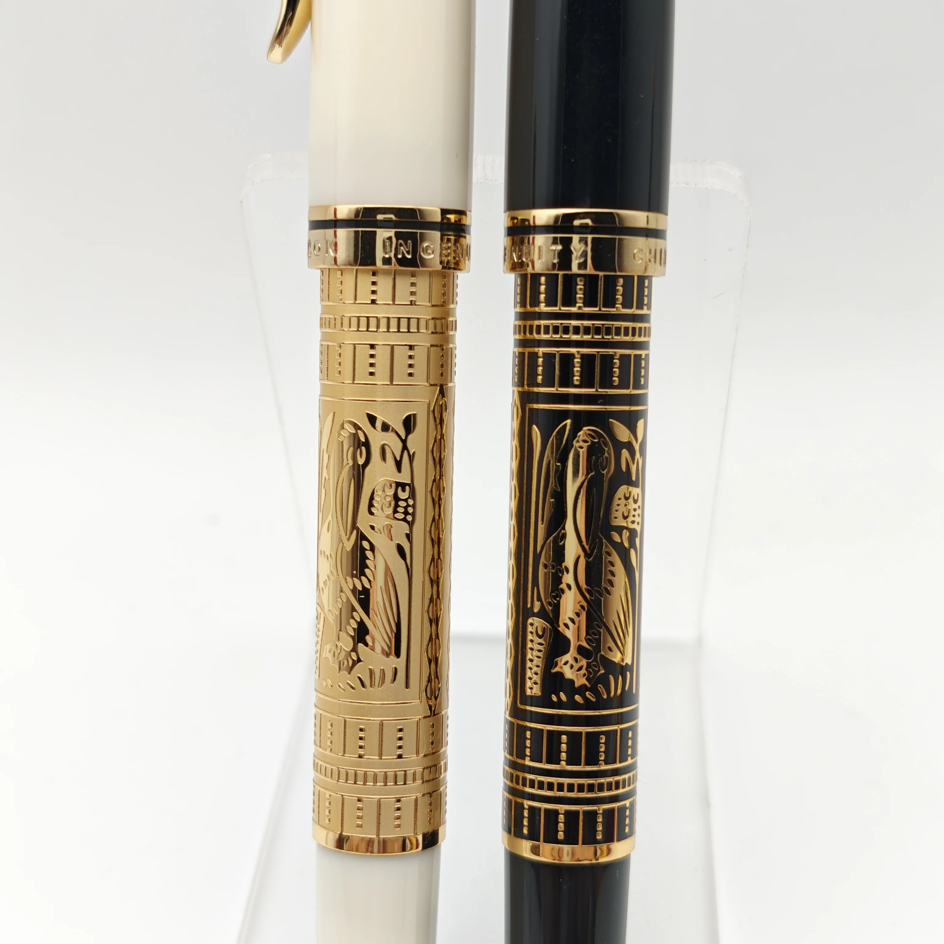 قلم حبر مكبس منحوت بدقة ADMOK M800 - مطلي بالذهب Dragon & Tiger عيار 24 قيراط، Bock Schmidt No.6 Nib، هدية أعمال Elite