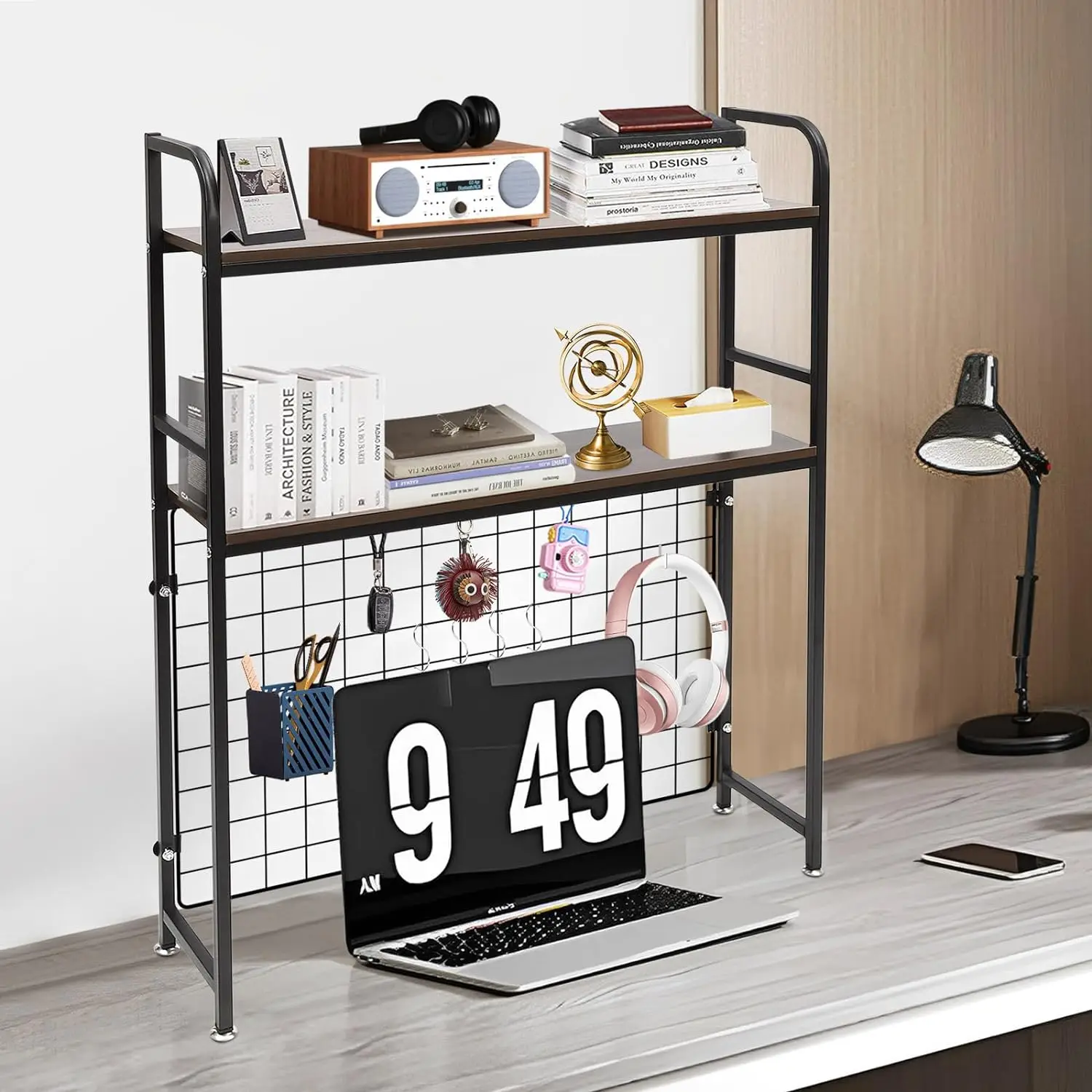 Bookshelf Tabletop 2-tier Holder Rack Countertop Shelf Dorm Adjustable with Hook Black Large Bookcase for Adult and Students