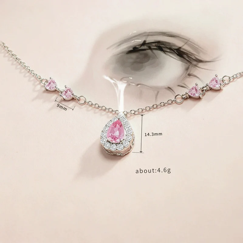 Pink Tear Necklace for Women Sweet Romance Water Droplet Zircon Collarbone Chain Fashionable and Versatile Pendant KOFSAC
