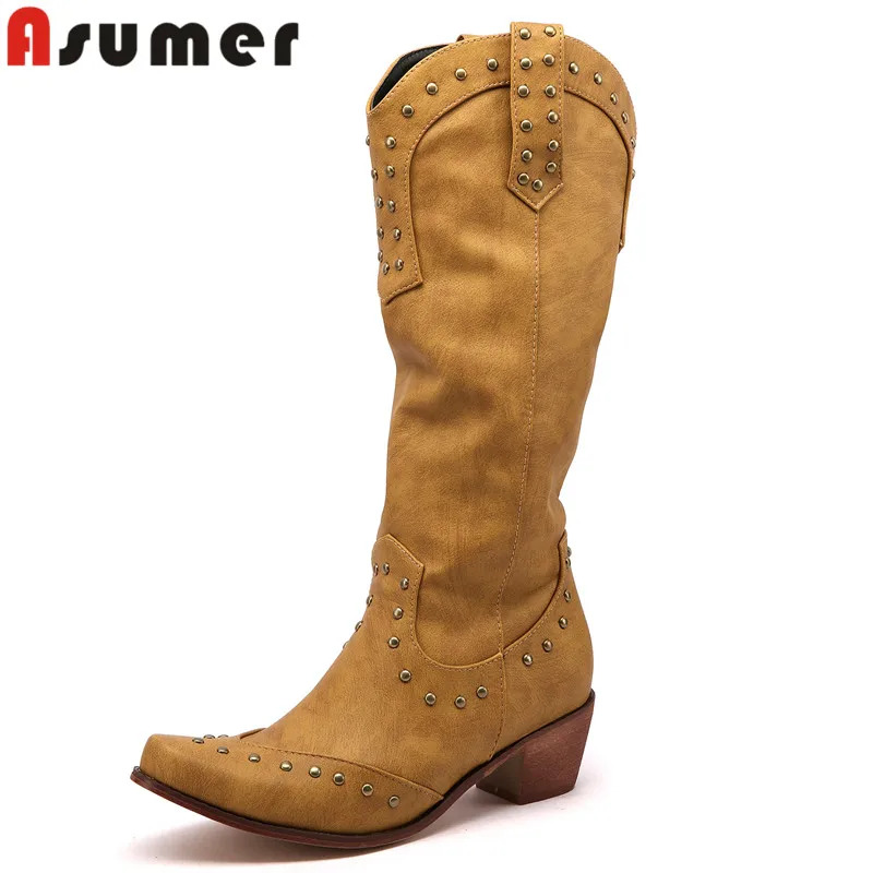 ASUMER 2023 Size 34-43 New Ladies Slip On Chelsea Winter Boots Square Med Heels Shoes Punk Pu Knee High Boots