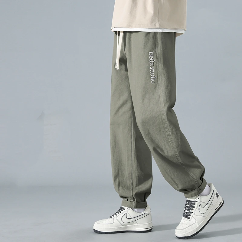 Japanese Style Trend Casual Spring Autumn Men's Elastic Waist Drawstring Letter Embroid Pockets Young Style Loose Cargo Pants