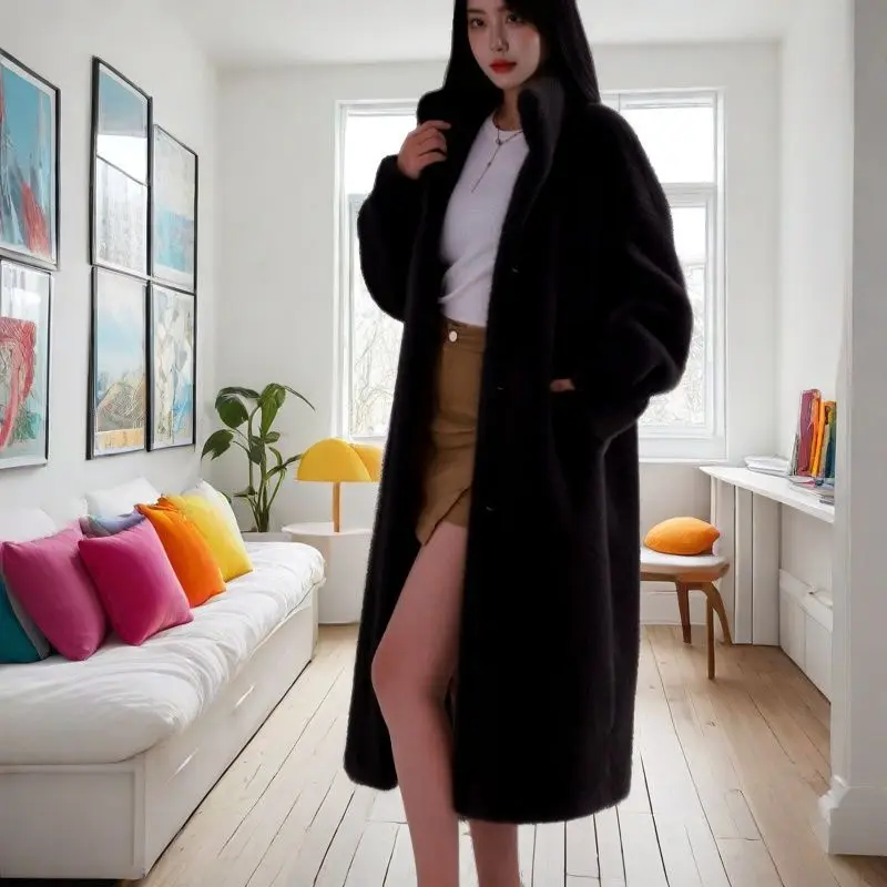 Luxe losse herfst winter dames bontjas warme dikke lange nepbontjas revers overjas pluizige jas ontwerp zachte wollen jas