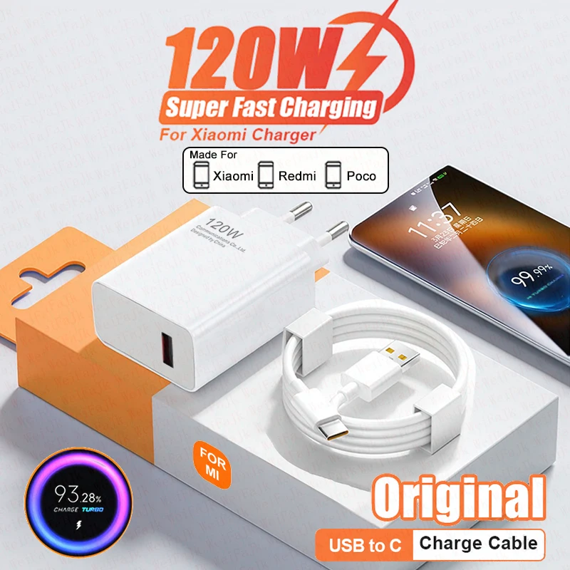 

Original 120W Fast Charge Charger For Xiaomi 14 13 12 11 10 Ultra Redmi Note 12T 13 Pro Turbo iPhone 13 Samsung USB Type C Cable