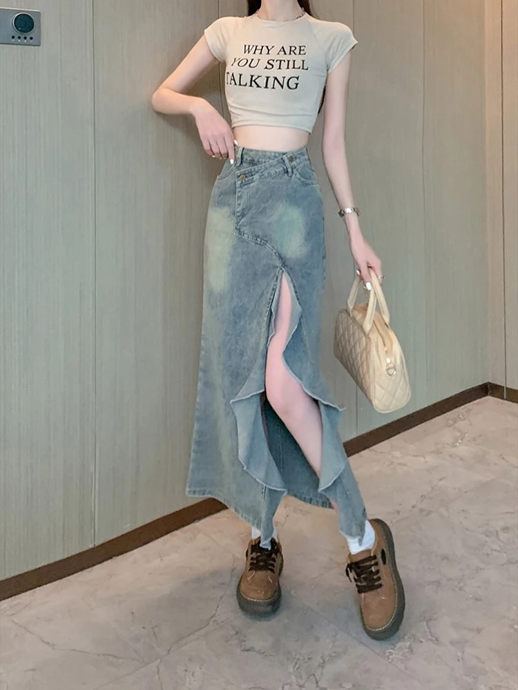 Women's Blue A-line Denim Skirt with Slit Vintage Y2k Long Jean Skirt Harajuku Korean Fashion Jean Skirts 2000s Clothes Summer