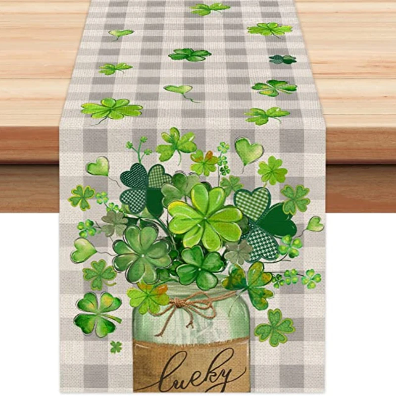 St. Patrick's Day Lucky Green Shamrock Table Runner, Vase Buffalo Plaid Seasonal Holiday Decor Table Runner Home Decor