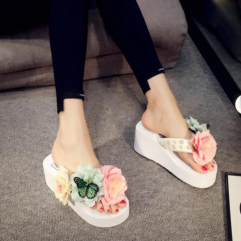 Beach Shoes Slippers Women Summer On A Wedge Platform Butterfly-Knot Flower Rubber Flip Flops Med Slides Sabot Hawaiian Flat TPR