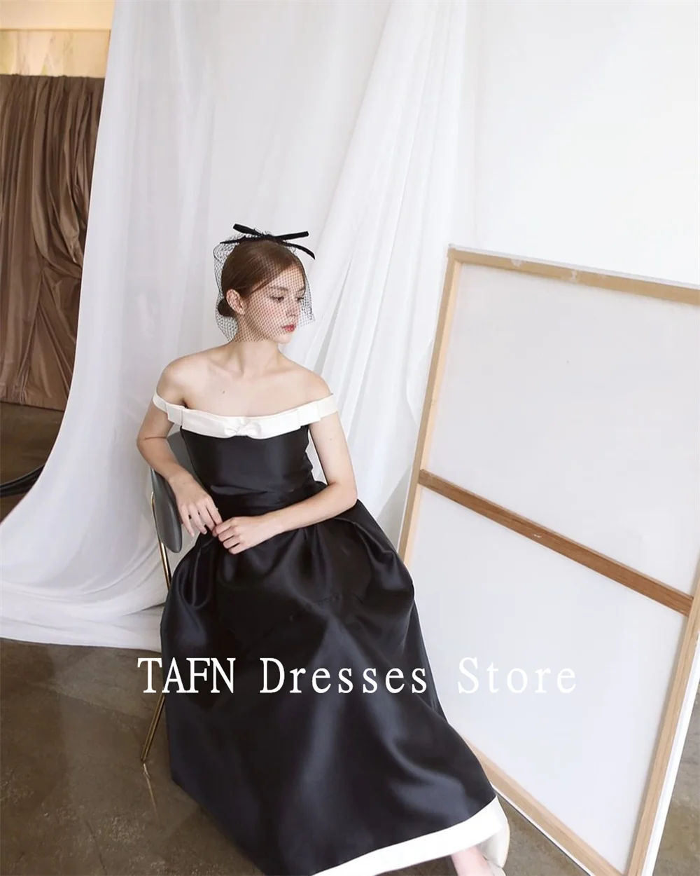 TAFN Ankle-Length Black Evening Party Dresses Boat Neck Off the Shoulder  Draped Satin Korea Wedding Shoot Dress Customized