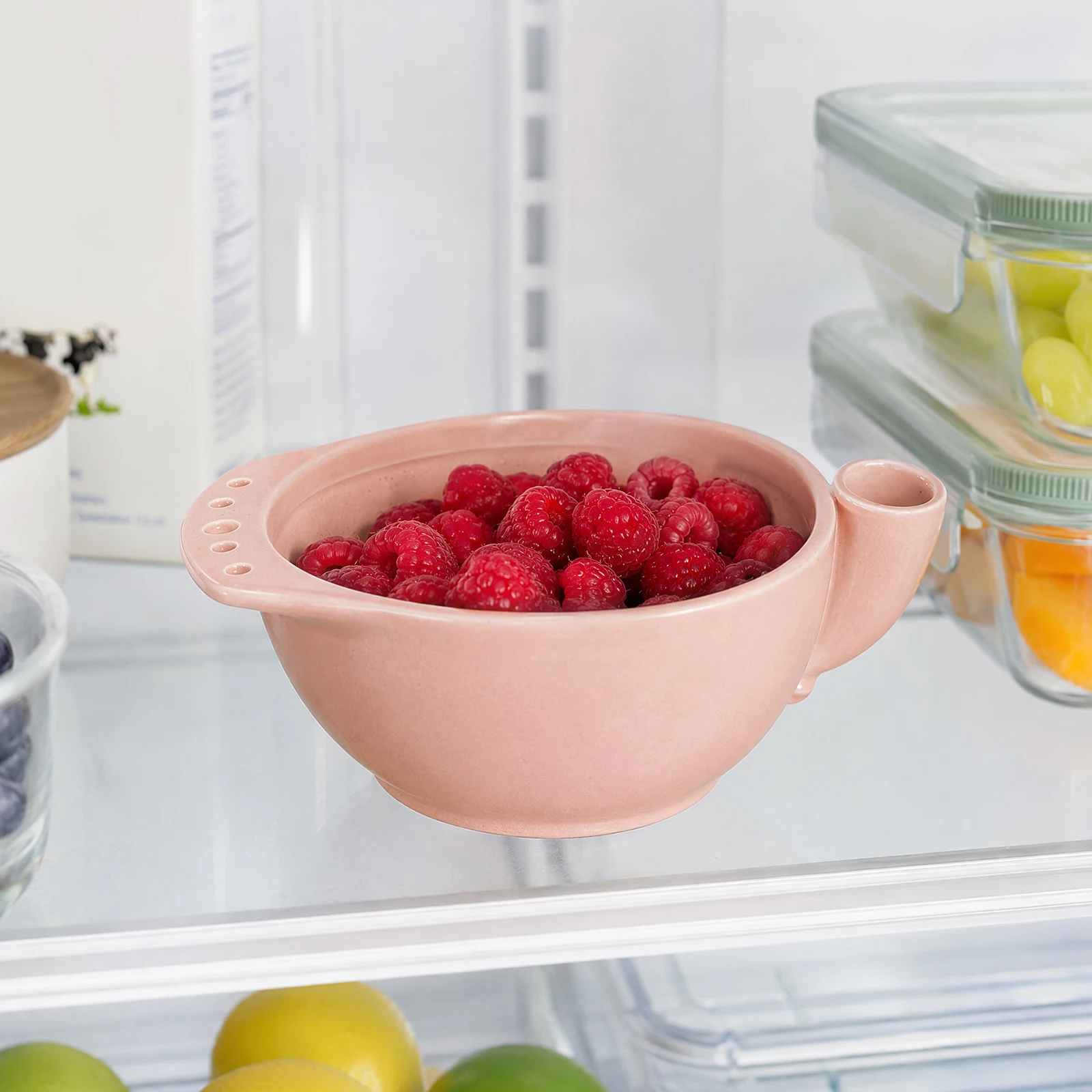 Self-Spinning 9.45'In Berry Bowl with Drain Holes Ceramic Fruit Bowl Fruit Washing Bowl Fruit Washer with Strainer and Colander - view 4