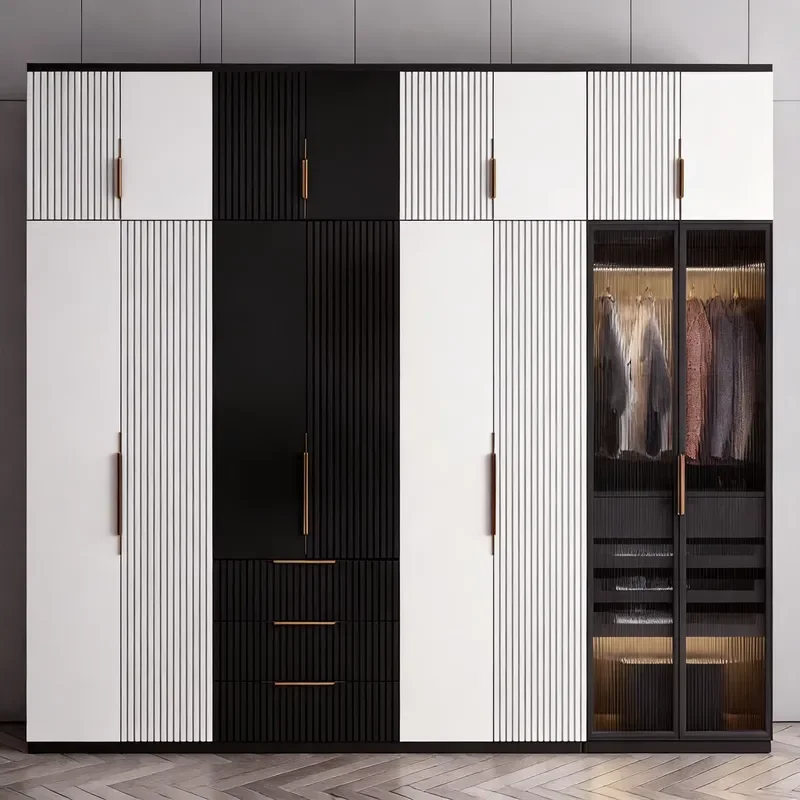 Modern Black White Wardrobe Flat Panel Doors Metal Handles 4 Drawer Space-Saving Bedroom Cabinet
