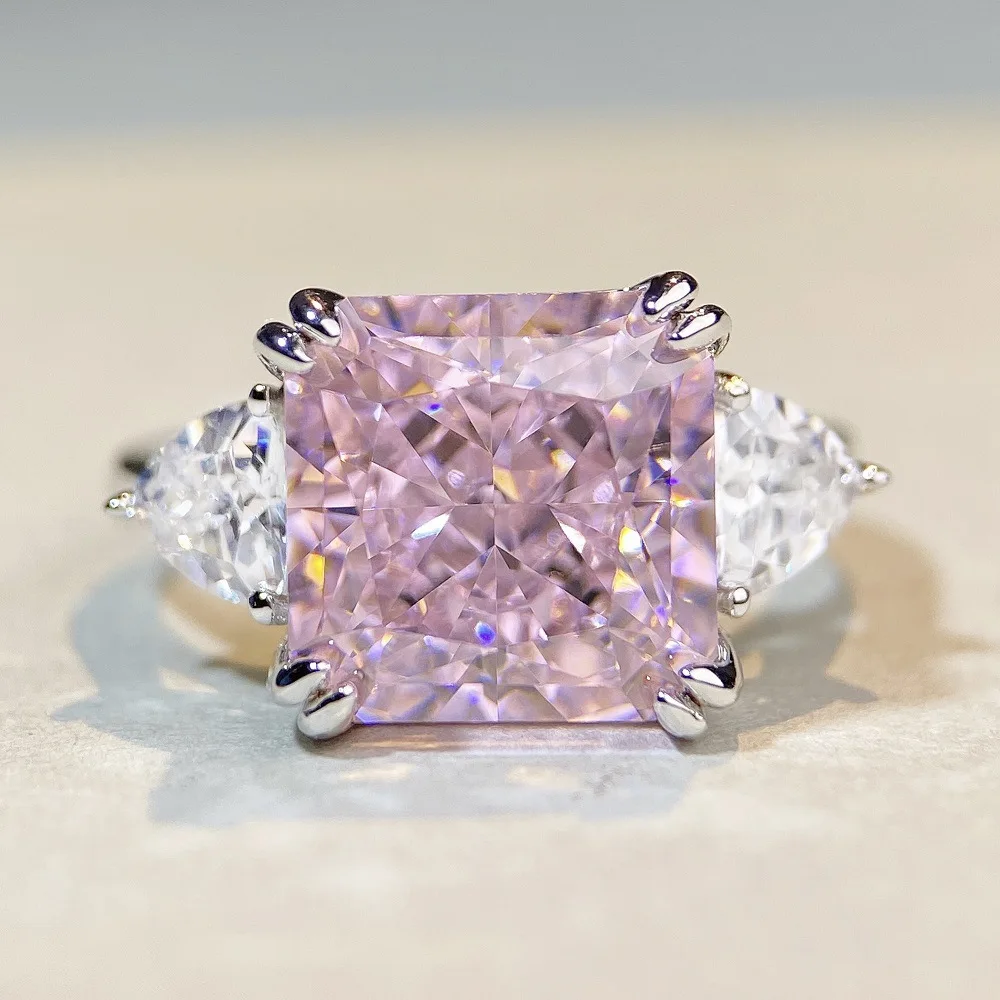 S925 Sterling Silver Ring Women's 5 Carat Zircon Square Ice Flower Cut High Carbon Diamond Straight Premium Diamond Ring