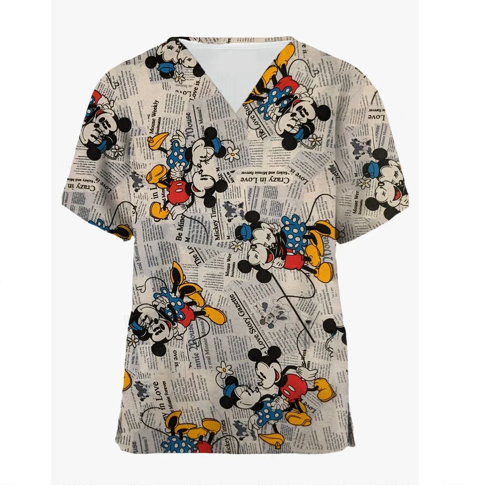 Miniso Women Nursing Clothing Disney Minnie Mickey Print Nursing Scrubs T-Shirt Tops Casual Short Sleeve V-neck Pocket Uniform