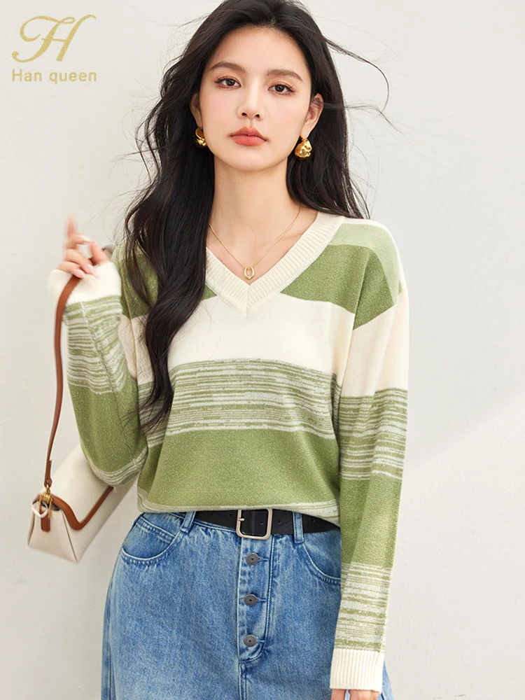 H Han Queen 2024 Autumn Tops Women Sweater Color Blocking Stripes Loose Vintage Casual knitted Pullover Sweaters Woman Clothing