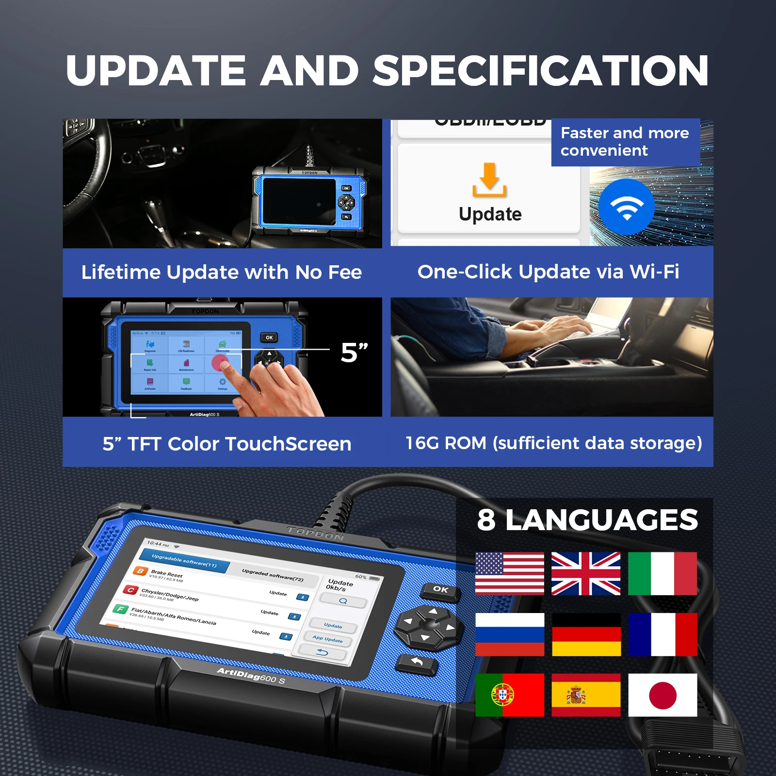 Topdon Artidiag600S OBD2 Scanner Automotive Car Diagnostic Tool ABS SRS TPMS Engine 8 Reset Functions Diagnostic Tool Scanner