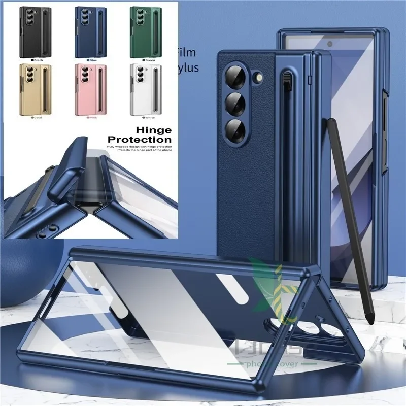 Покрытие S Pen Slot Шарнир Полностью кожаный корпус Чехол Smasung Glaxy Z Fold 6 5 4 3 Fold3 Fold4 Fold5 Fold6 Flass Чехол из передней пленки