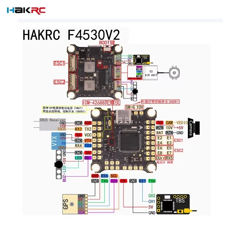 Controlador de vuelo HAKRC F405 V2 pila 8 bits/32 bits 55A/60A/65A 4 en 1 ESC 2-6S Dshot300/600 soporte para Dron de carreras con visión en primera persona