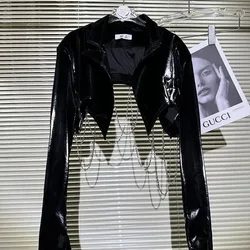 Autumn 2023 New Women's Leather Jacket Hot Girl Dark Wind Patent Leather Coat Female Chic Chain Design PU Leather Female Outwear