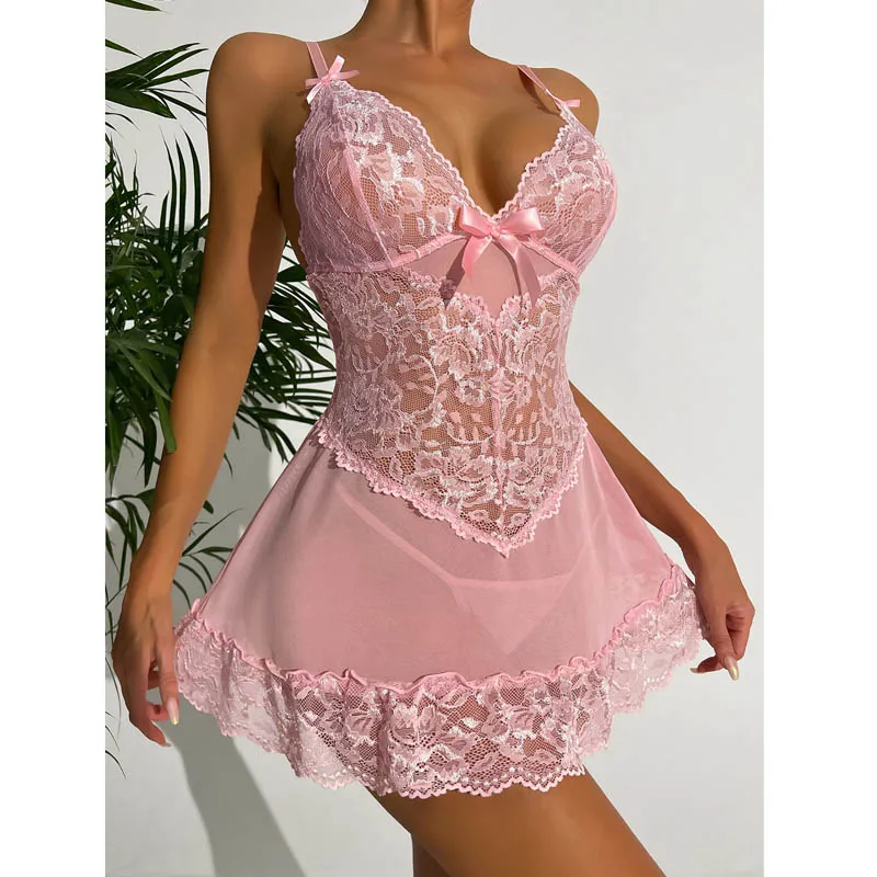 

New Perspective Sexy Underwear Mesh Lace Babydoll Pajama Set Women's Nightdress Erotic Lingerie Set