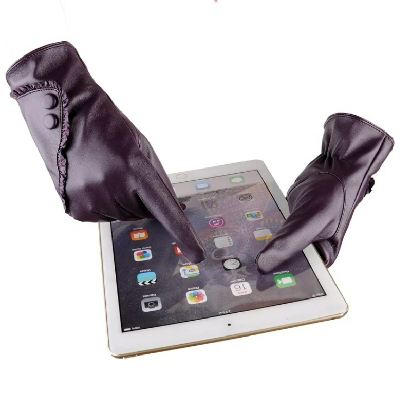 قفازات نسائية من جلد البولي يوريثان بزر مزدوج النسخة الكورية للخريف والشتاء قفازات صوف دافئة مقاومة للرياح