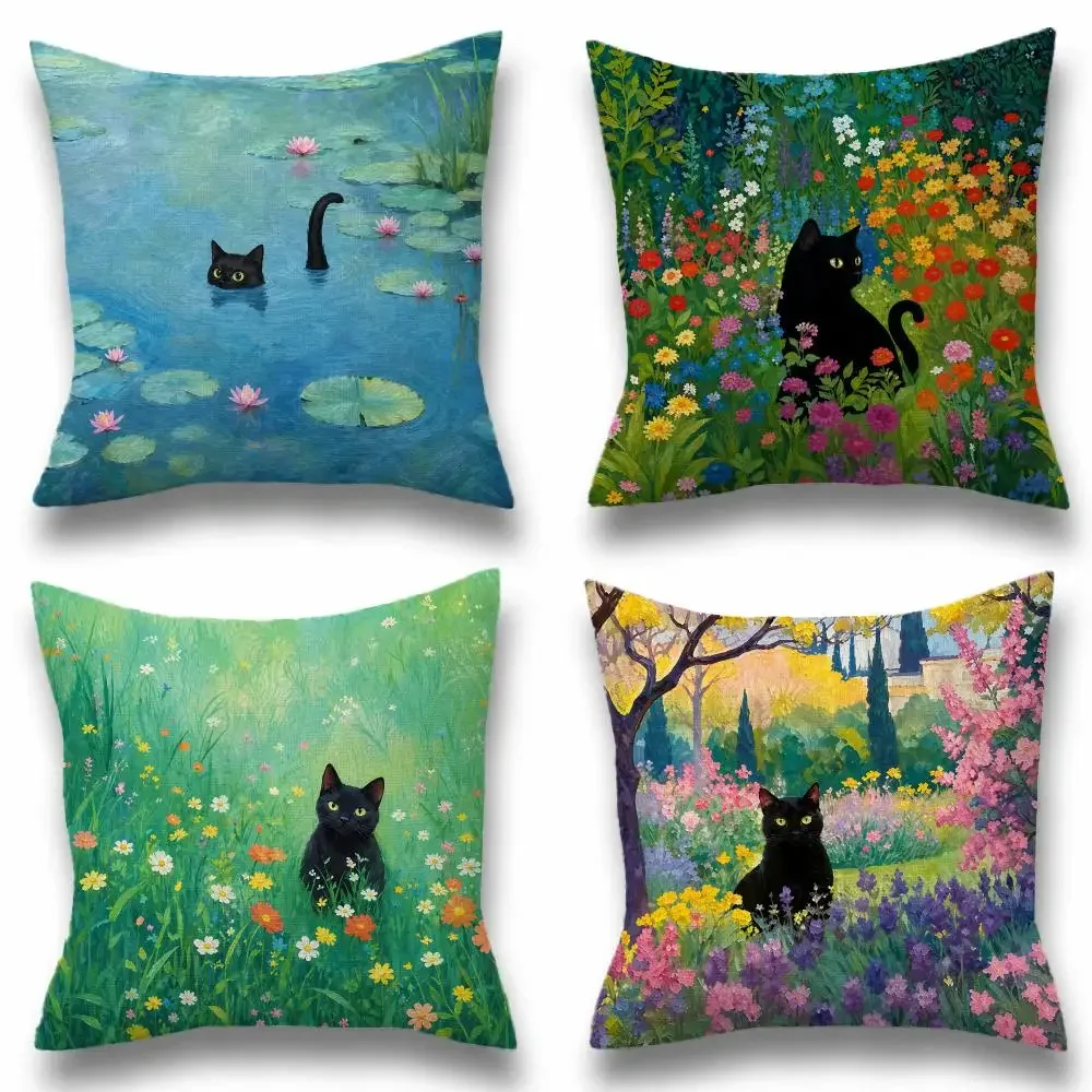 Anime Lotus Pond Cat Art Cushion Cover Pillow Case Natural Linen Pillow Case Double-Sided Decor Sofa Pillowcase Home Decor