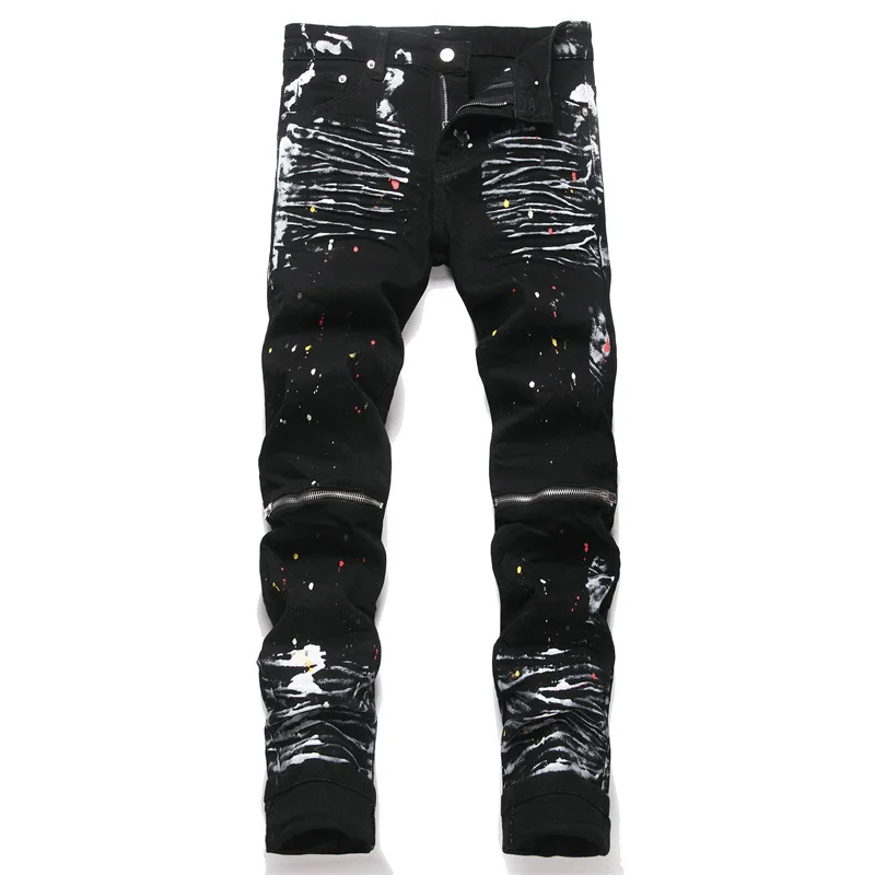 Men's High Street Painted Jeans Pants Fashion Streetwear Printed Denim Trousers Slim Fit Jeans With Zippers