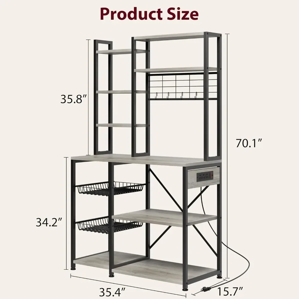 Bakers Rack with Power Outlet,Microwave Stand with 2 Wire Drawer, Industrial Coffee Bar Station,7-Tier ，Rustic Gray