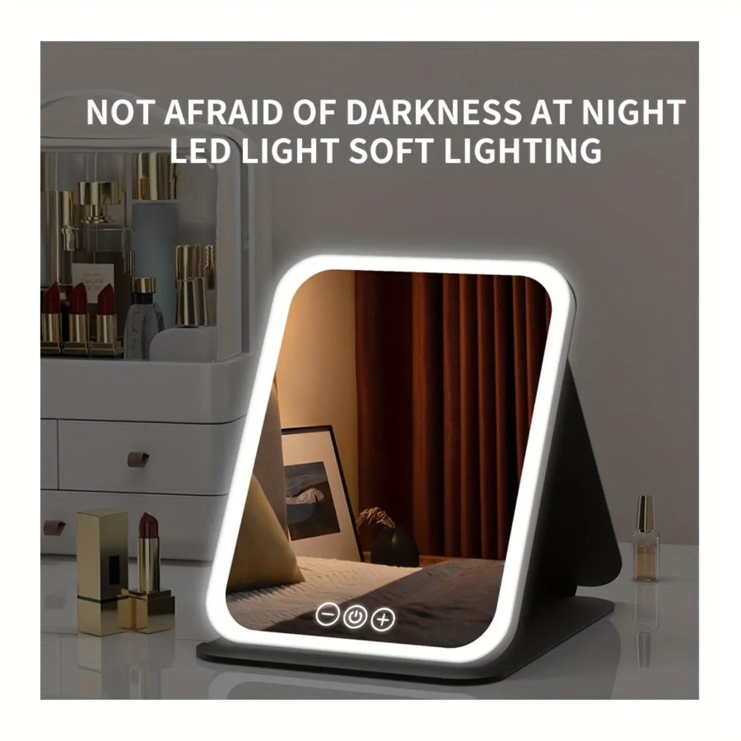 1pc Folding LED Lighted Makeup Mirror, 3-Color Lighting, Stepless Dimming,  Screen, Rechargeable, Tabletop Plastic Beauty Mirror