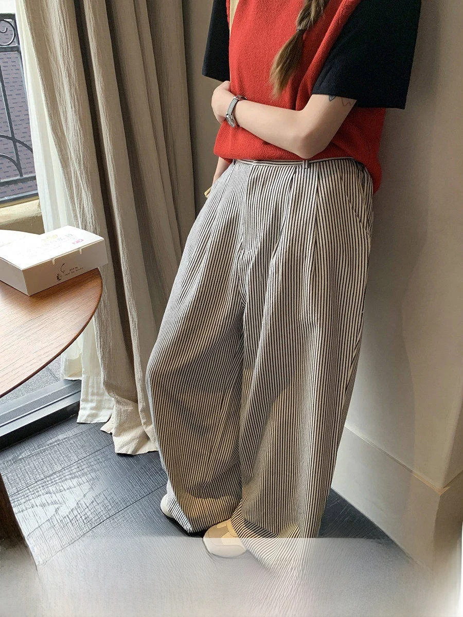 

Женские повседневные брюки Linyunyun в корейском стиле с цветными полосками, с высокой талией, на резинке, прямого кроя