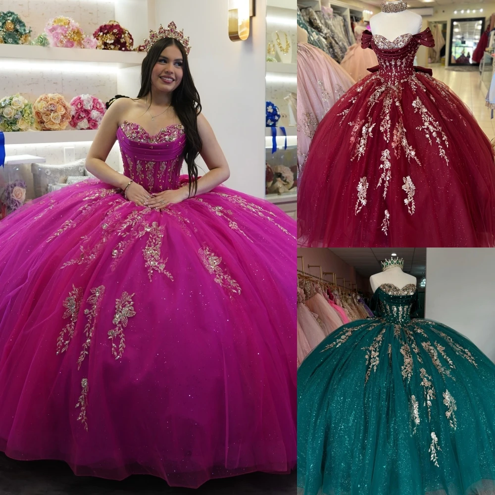 

Glitter Tulle Quinceanera Dress Bow Emerald Quince Ballgown Corset Sweet 15/16 Birthday Party Gown Vestidos De 15 Ano Burgundy