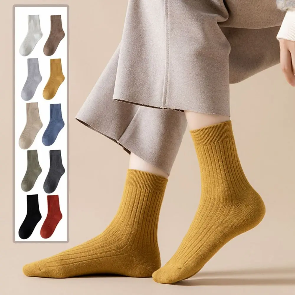 

10Pairs Simple Solid Color Women Mid-calf Socks Simple Breathable Business Socks Men Soft Stripe Autumn Tube Socks Unisex