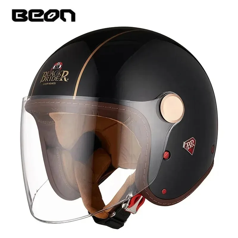 BEON Open Face Motorcycle Helmet Retro Vintage Half Helmet Men Women Scooter Riding Helmet Large Clear Visor
