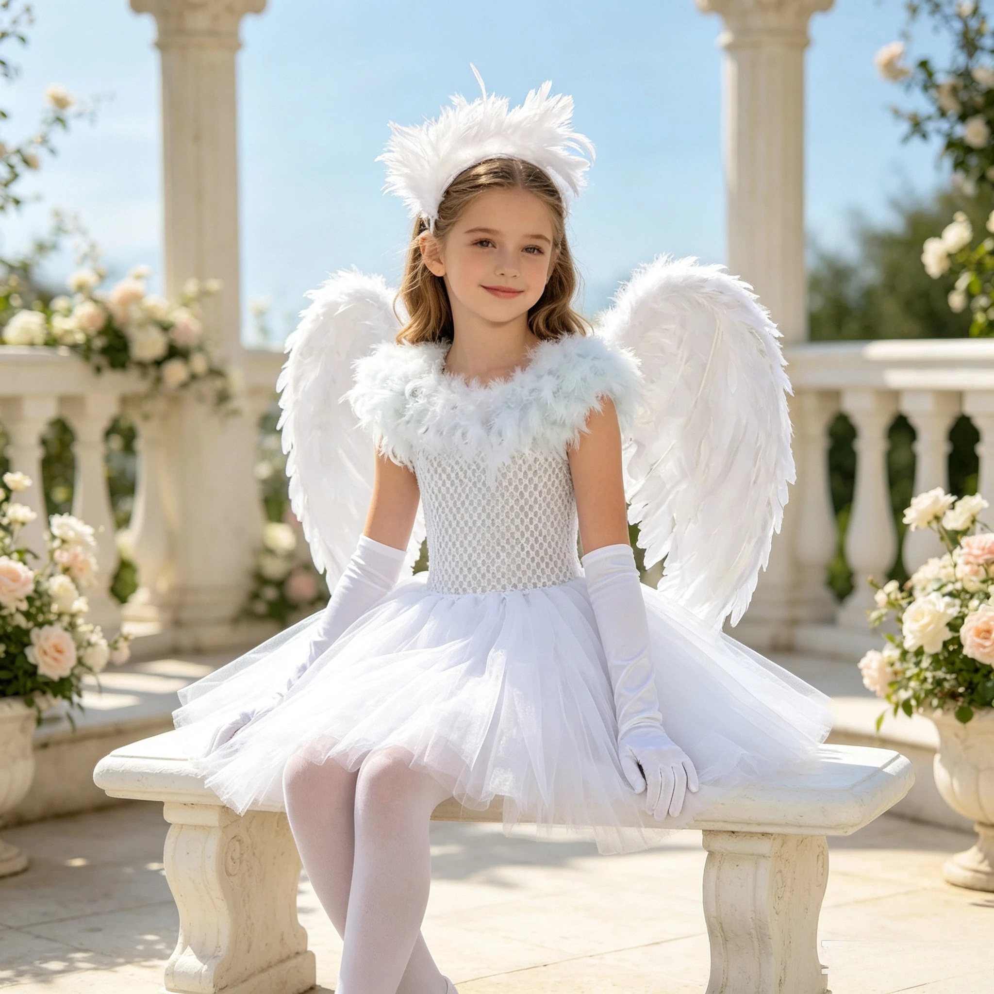 Kids White Bird Swan Costume Tulle Princess Tutu Dress Girls Halloween Carnival Party Feathers Chicks Dove Dress Up Clothes Set