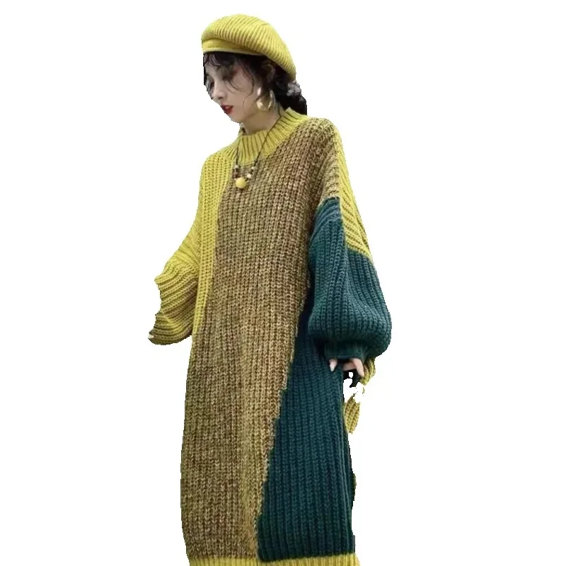 

Autumn Winter Long Sweater Dress Women 2025 New Fashion Loose Casual Knitted Skirt Crewneck Sweater Outerwear Female