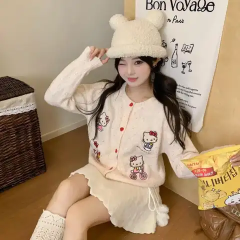 เสื้อคาร์ดิแกนถักไหมพรมลายการ์ตูนซานริโอ้ สไตล์น่ารักหวานๆ ลายเฮลโลคิตตี้  แบบหลวมๆ