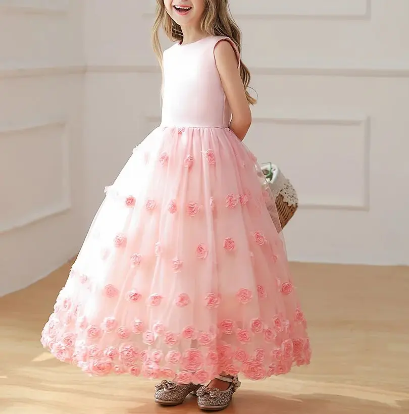 Girl Party Dress High-end Princess Dress for Girls 3D Flowers Child Birthday Dresses Pink